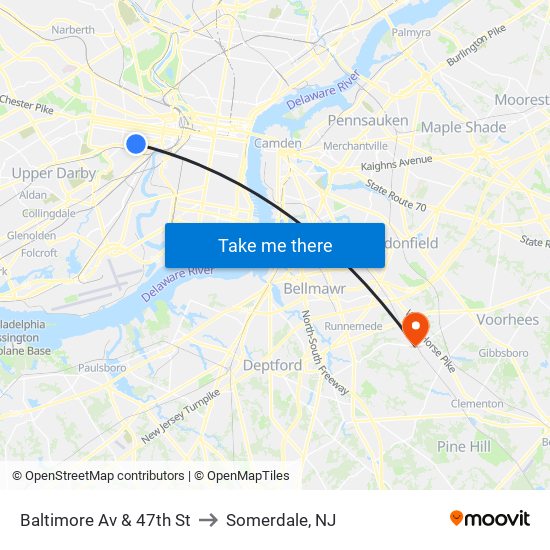 Baltimore Av & 47th St to Somerdale, NJ map