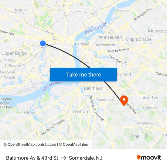 Baltimore Av & 43rd St to Somerdale, NJ map
