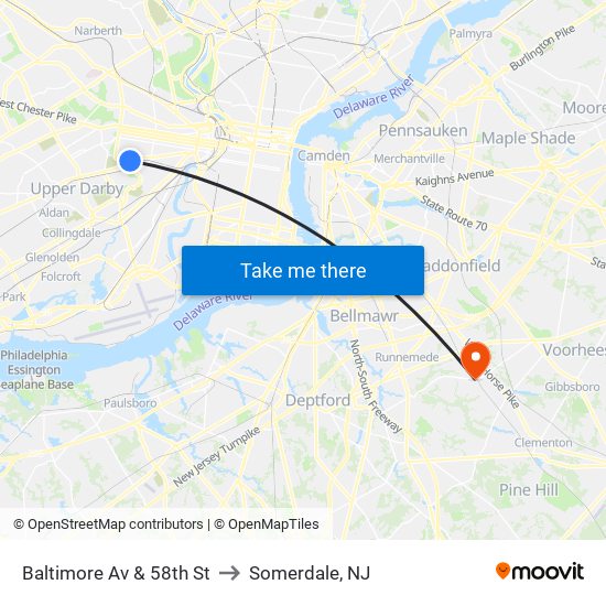 Baltimore Av & 58th St to Somerdale, NJ map