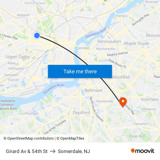 Girard Av & 54th St to Somerdale, NJ map