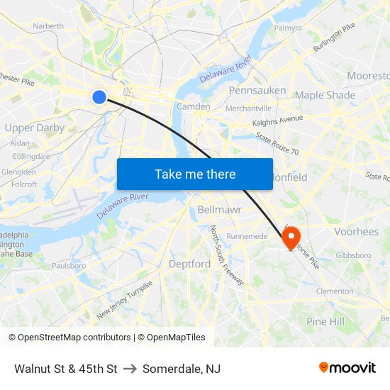 Walnut St & 45th St to Somerdale, NJ map