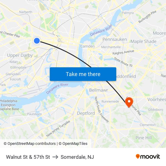 Walnut St & 57th St to Somerdale, NJ map