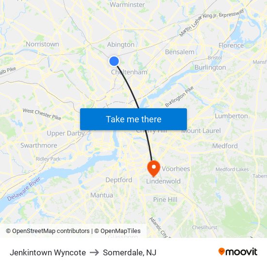 Jenkintown Wyncote to Somerdale, NJ map