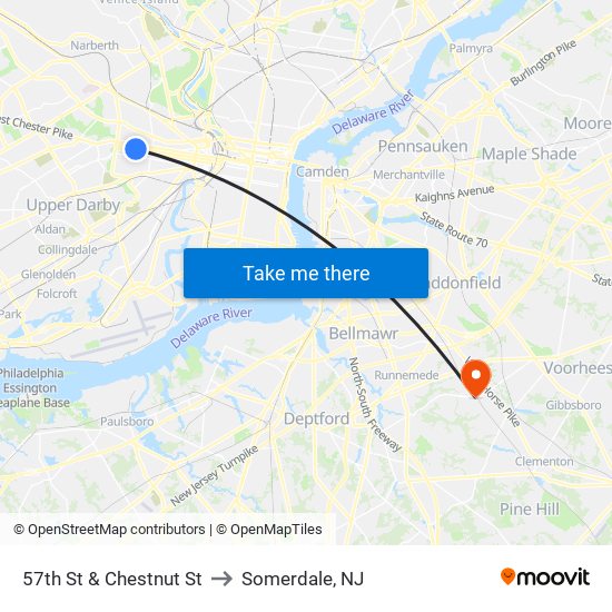 57th St & Chestnut St to Somerdale, NJ map