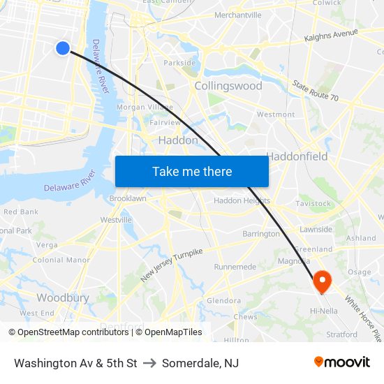 Washington Av & 5th St to Somerdale, NJ map