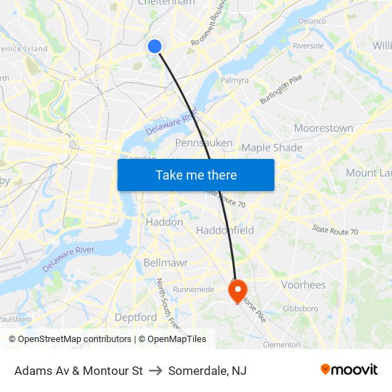 Adams Av & Montour St to Somerdale, NJ map