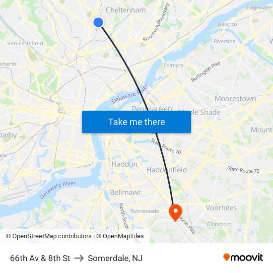 66th Av & 8th St to Somerdale, NJ map