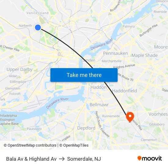 Bala Av & Highland Av to Somerdale, NJ map