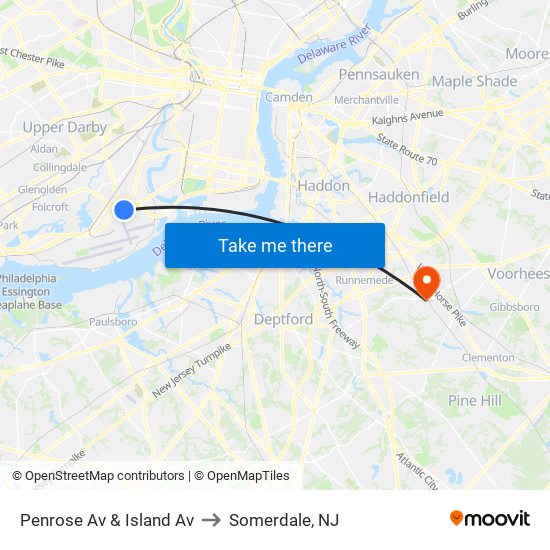 Penrose Av & Island Av to Somerdale, NJ map