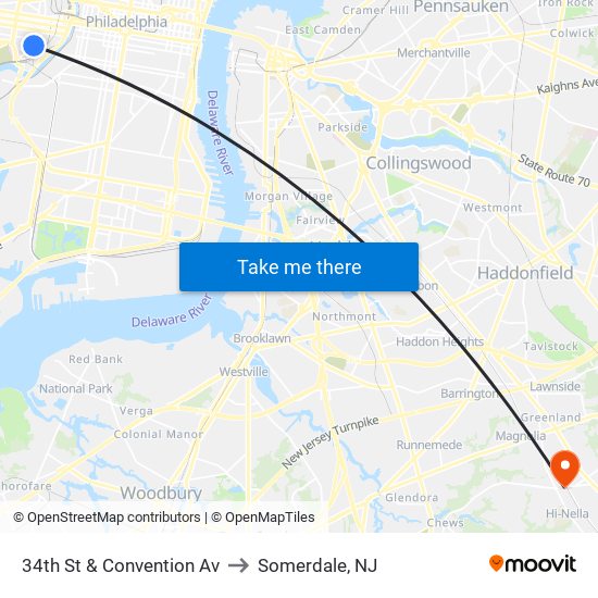 34th St & Convention Av to Somerdale, NJ map