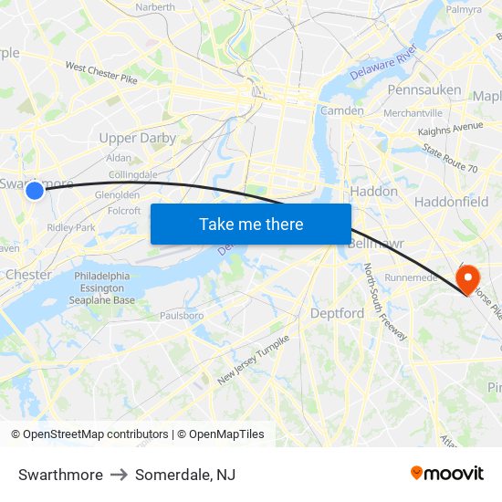 Swarthmore to Somerdale, NJ map