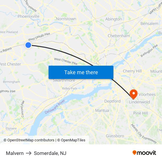 Malvern to Somerdale, NJ map