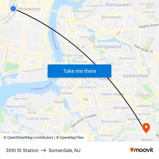 30th St Station to Somerdale, NJ map