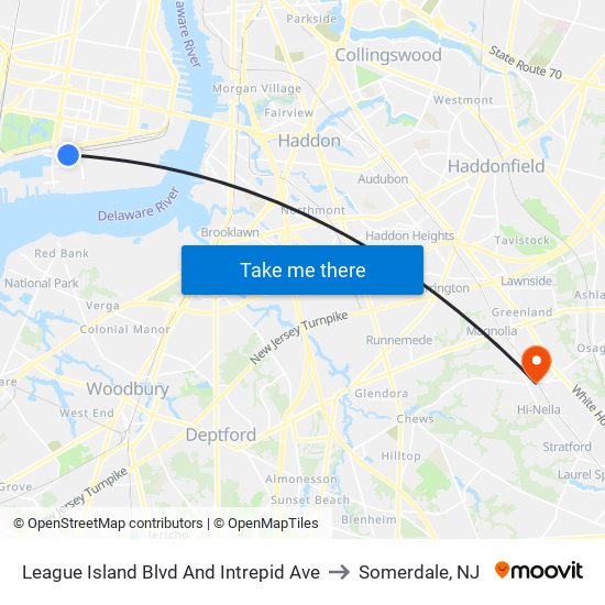 League Island Blvd And Intrepid Ave to Somerdale, NJ map