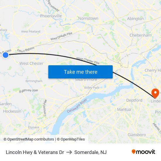 Lincoln Hwy & Veterans Dr to Somerdale, NJ map