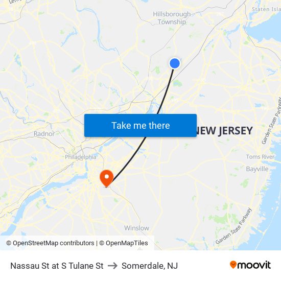 Nassau St at S Tulane St to Somerdale, NJ map
