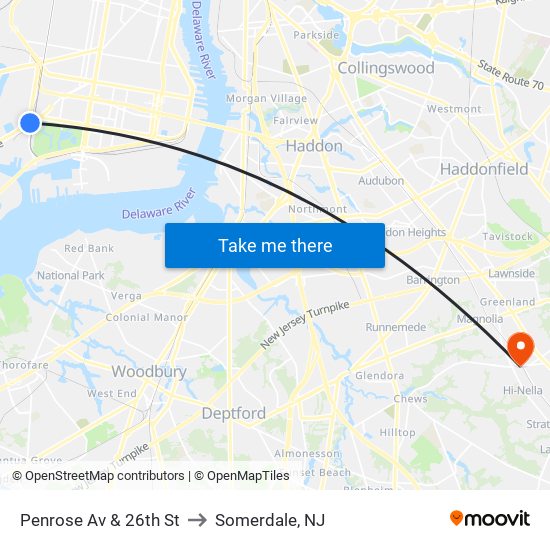 Penrose Av & 26th St to Somerdale, NJ map