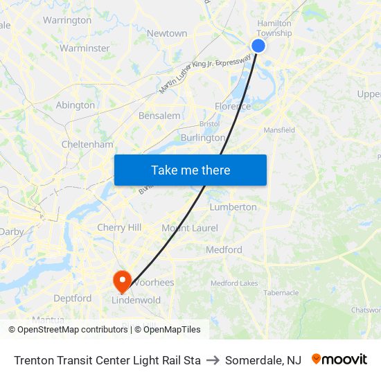 Trenton Transit Center Light Rail Sta to Somerdale, NJ map