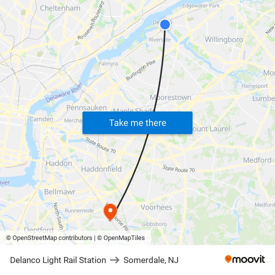 Delanco Light Rail Station to Somerdale, NJ map