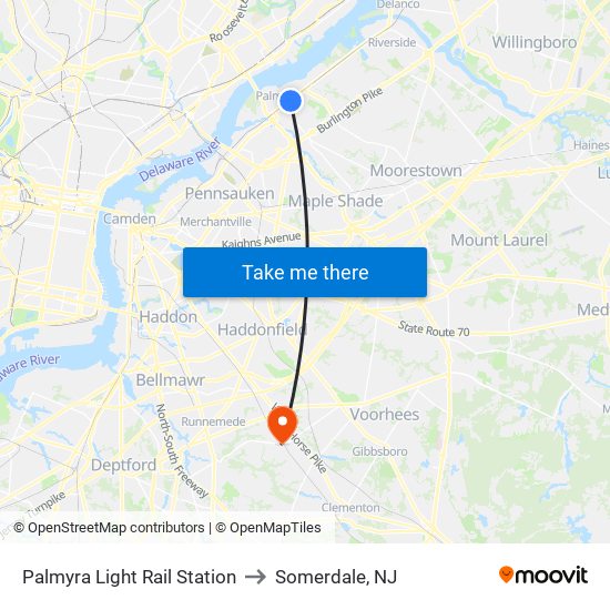 Palmyra Light Rail Station to Somerdale, NJ map