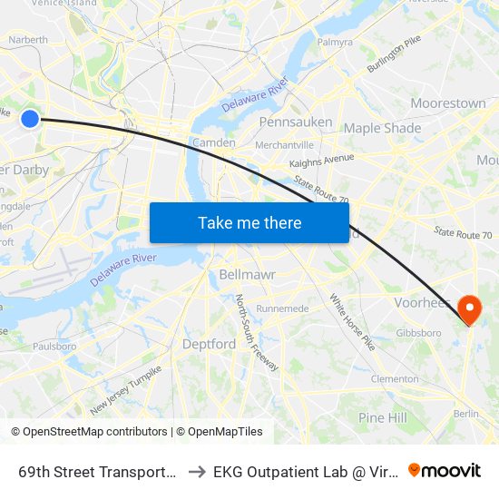 69th Street Transportation Center to EKG Outpatient Lab @ Virtua Voorhees map