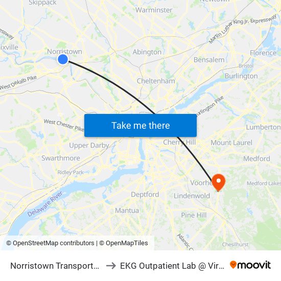 Norristown Transportation Center to EKG Outpatient Lab @ Virtua Voorhees map
