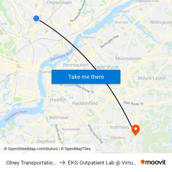 Olney Transportation Center to EKG Outpatient Lab @ Virtua Voorhees map