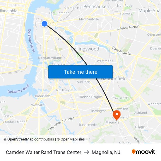 Camden Walter Rand Trans Center to Magnolia, NJ map