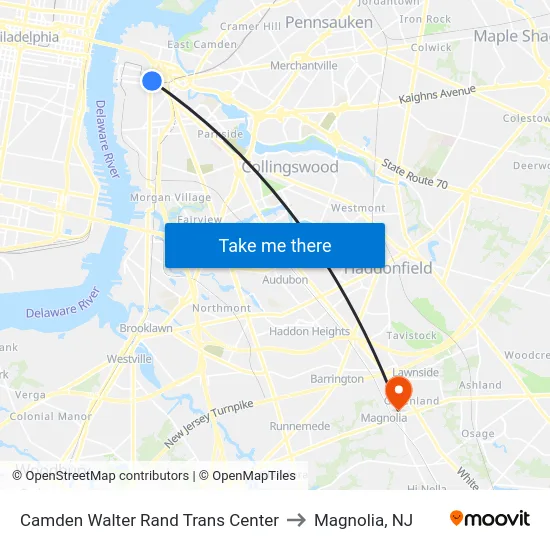 Camden Walter Rand Trans Center to Magnolia, NJ map