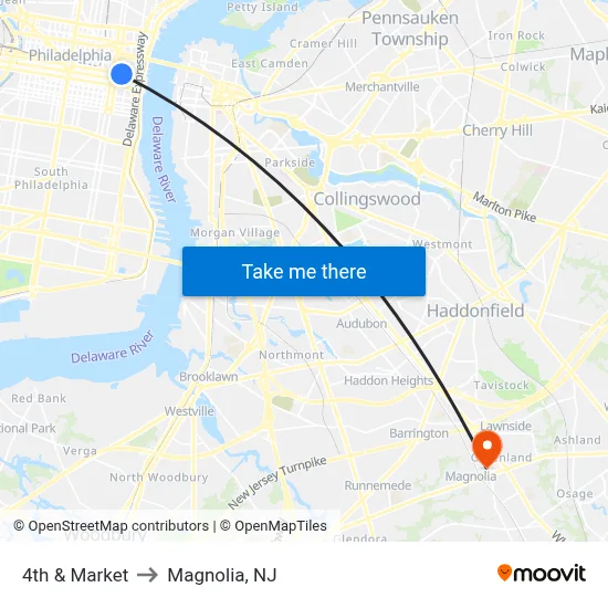 4th & Market to Magnolia, NJ map