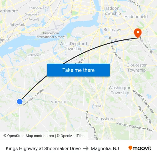 Kings Highway at Shoemaker Drive to Magnolia, NJ map