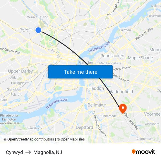 Cynwyd to Magnolia, NJ map