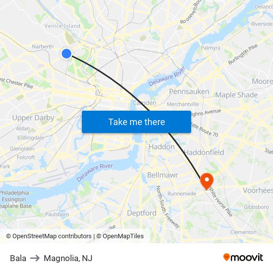 Bala to Magnolia, NJ map