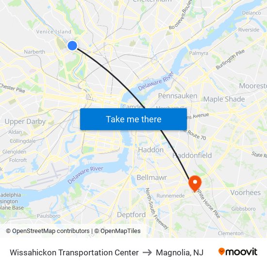 Wissahickon Transportation Center to Magnolia, NJ map