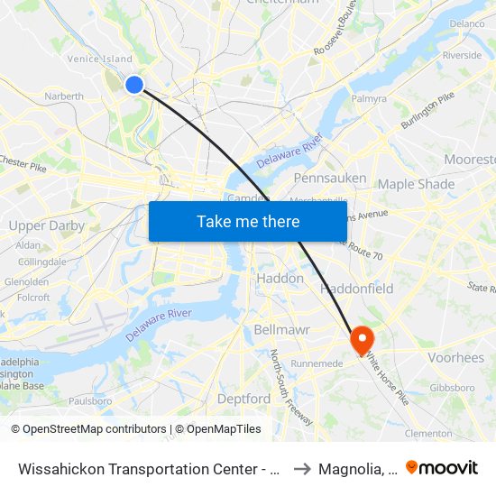 Wissahickon Transit Center to Magnolia, NJ map