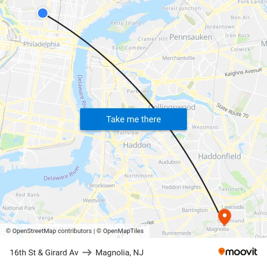 16th St & Girard Av to Magnolia, NJ map