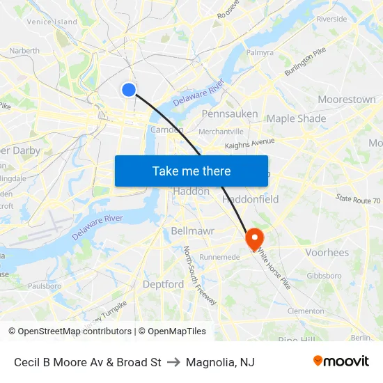 Cecil B Moore Av & Broad St to Magnolia, NJ map