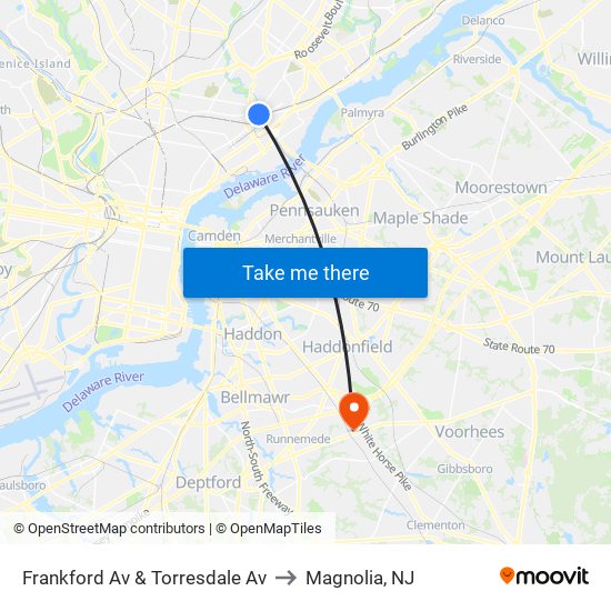 Frankford Av & Torresdale Av to Magnolia, NJ map