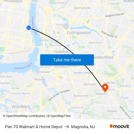 Pier 70 Walmart & Home Depot to Magnolia, NJ map