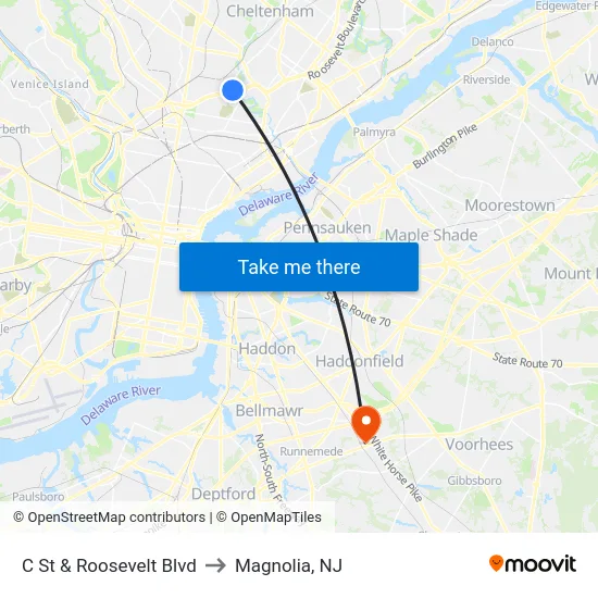 C St & Roosevelt Blvd to Magnolia, NJ map