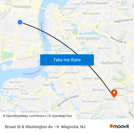 Broad St & Washington Av to Magnolia, NJ map