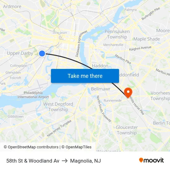 58th St & Woodland Av to Magnolia, NJ map