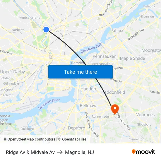 Ridge Av & Midvale Av to Magnolia, NJ map