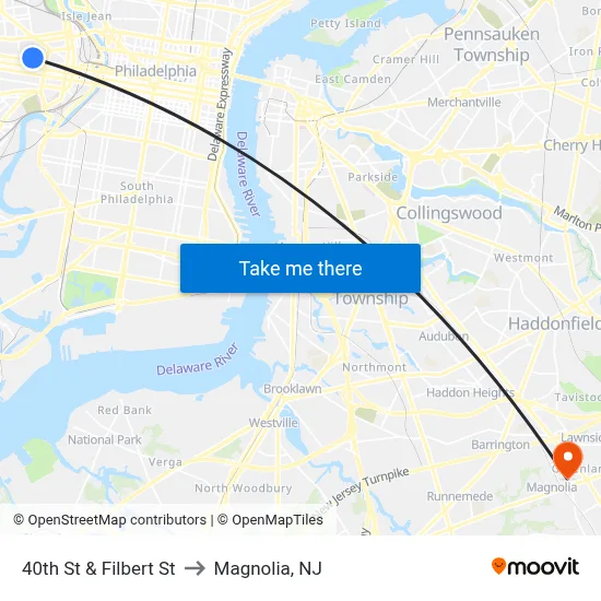 40th St & Filbert St to Magnolia, NJ map
