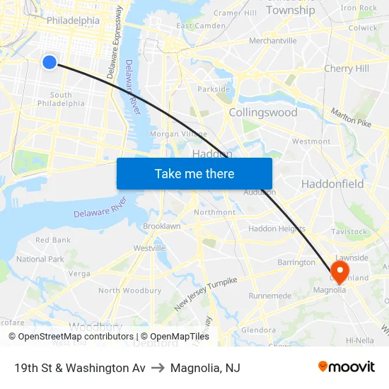 19th St & Washington Av to Magnolia, NJ map