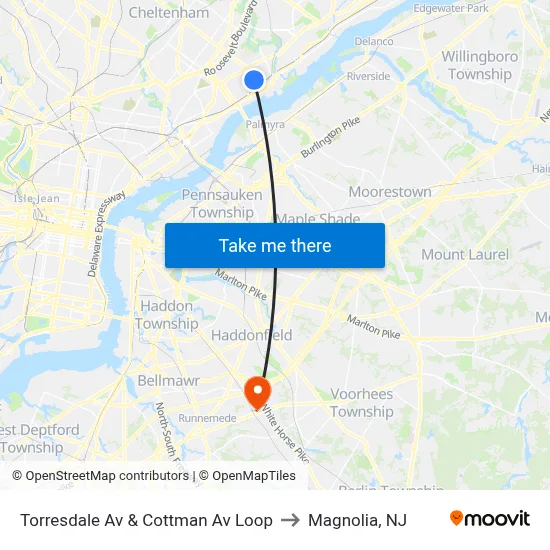 Torresdale Av & Cottman Av Loop to Magnolia, NJ map