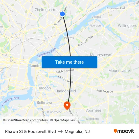 Rhawn St & Roosevelt Blvd to Magnolia, NJ map