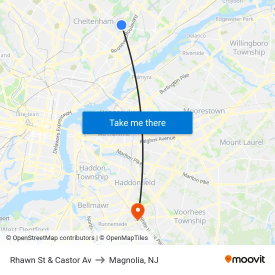 Rhawn St & Castor Av to Magnolia, NJ map