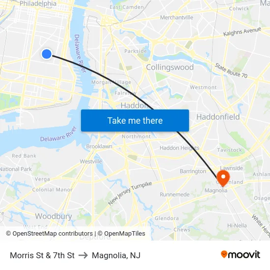 Morris St & 7th St to Magnolia, NJ map