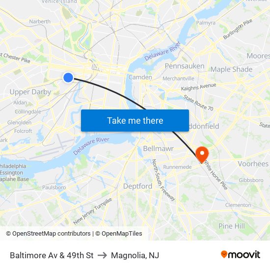 Baltimore Av & 49th St to Magnolia, NJ map